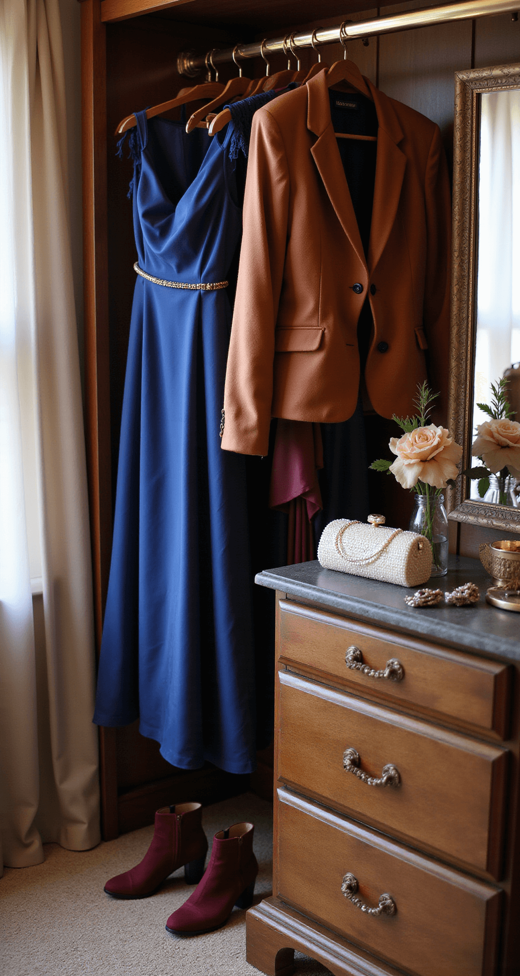 A close-up of a luxurious walk-in closet featuring a sapphire blue satin maxi dress, a structured copper-toned blazer, and burgundy ankle boots, with a pearl clutch and vintage-inspired hair clips on a mirrored vanity, all under warm ambient lighting and natural light filtering through sheer curtains.