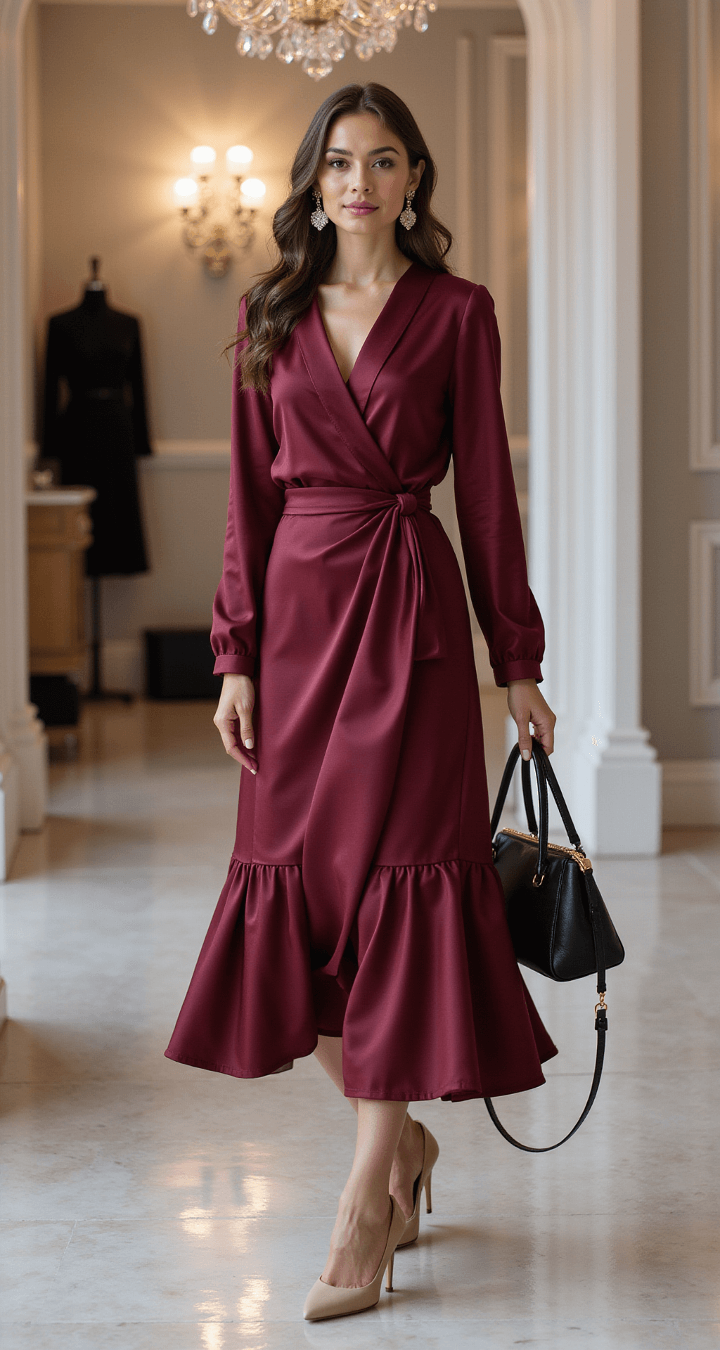 An upscale boutique dressing room features a model in a burgundy satin wrap dress with long sleeves and subtle shimmer, showcasing sophisticated draping and a midi hem. The setting includes marble floors, a crystal chandelier, nude closed-toe pumps, pearl drop earrings, and an elegant black leather handbag in the corner, captured from a three-quarter angle to emphasize the dress's movement.