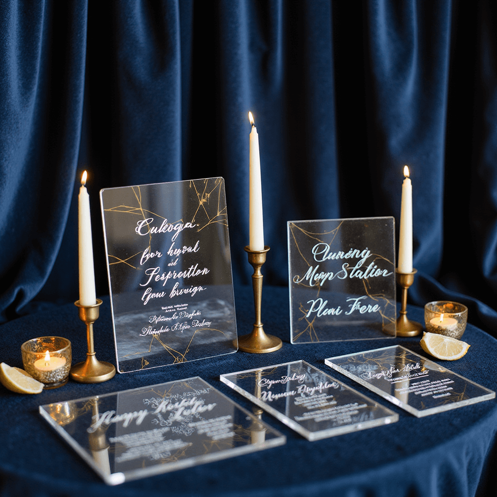 Acrylic wedding invitations with white calligraphy and gold details on a deep navy velvet backdrop with brass candle holders.