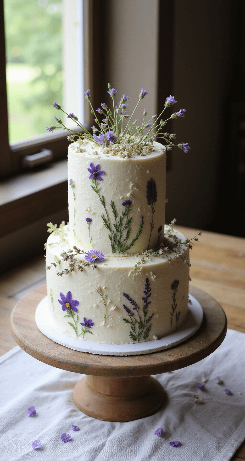 A double-layer birthday cake in a sunlit rustic kitchen, featuring cream cheese frosting with watercolor botanical designs, topped with pressed edible flowers, fresh herbs, dried lavender, and crystallized violets, displayed on a wooden stand atop vintage linen.