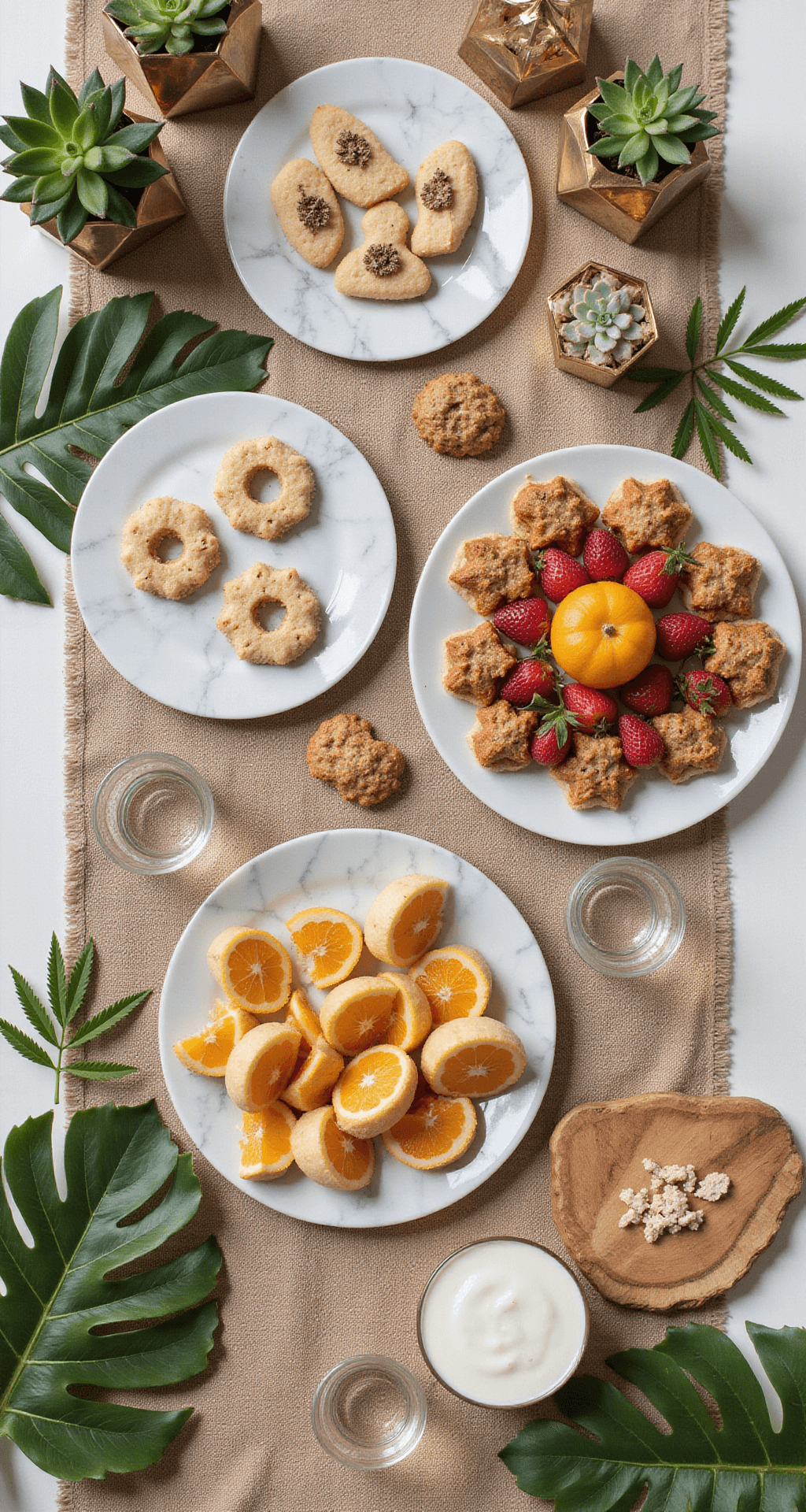 Overhead view of a safari-themed grazing table with animal-shaped cookies, creatively arranged fruit, brass terrariums with succulents, and gold-rimmed glasses on marble platters and earth-toned linens, accented by tropical leaves and wooden boards in natural midday light.