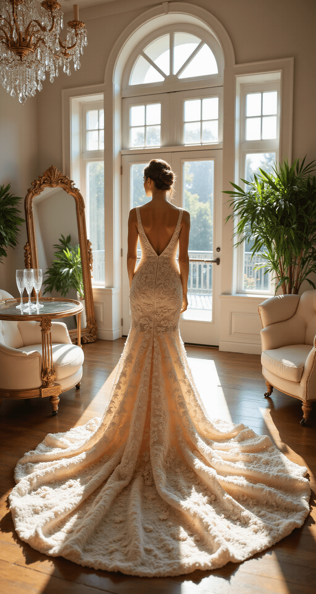 A bright bridal boutique interior features a bride on a raised platform in a detailed 3D floral appliqué gown, surrounded by illuminated mirrors, cream velvet seating, crystal chandeliers, and greenery, with a champagne cart nearby.
