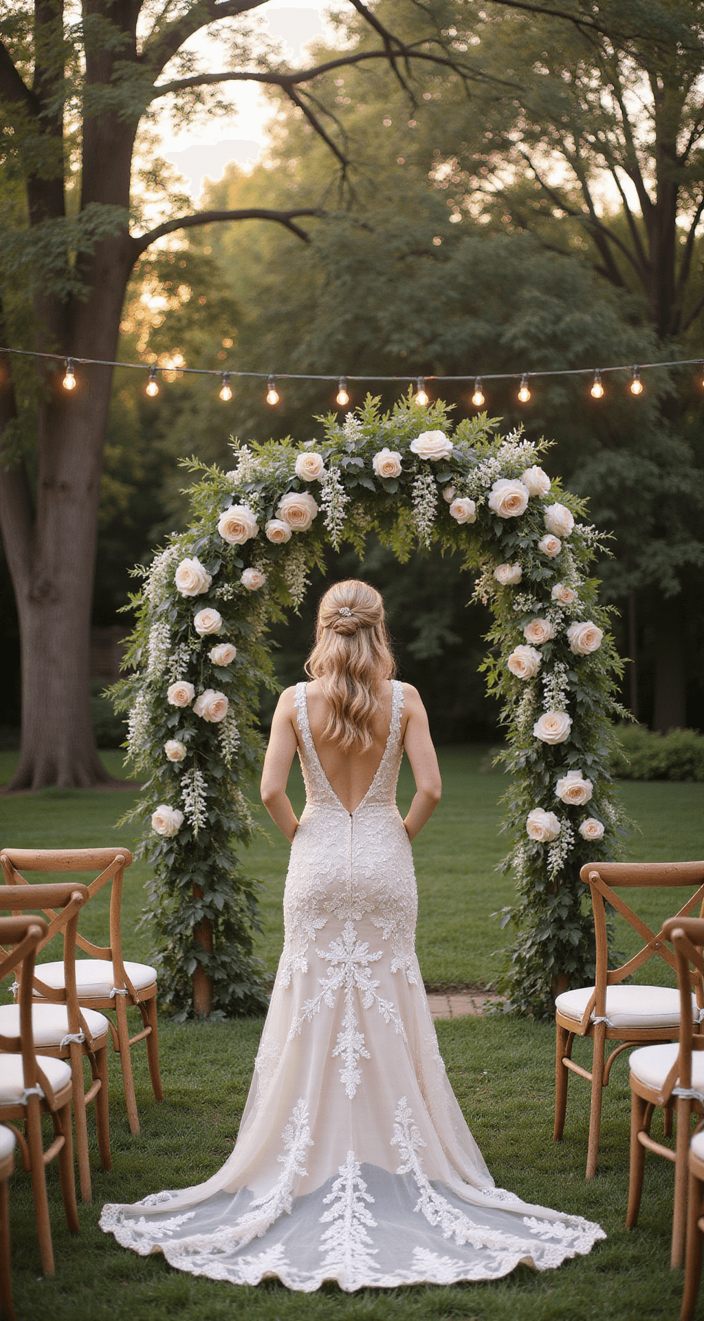 An intimate garden wedding ceremony at golden hour, featuring a bride in an embroidered floral gown under a grand floral arch of white wisteria and garden roses, framed by wooden chairs adorned with fresh flowers and market lights strung above mature trees.