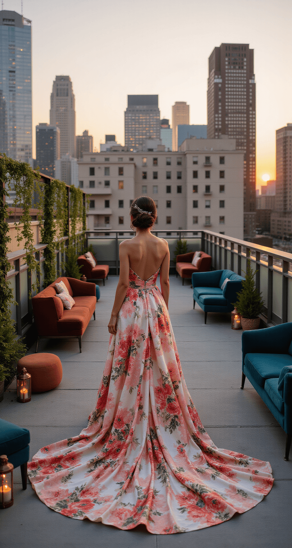 A bride in a colorful floral gown stands against a city skyline at sunset, with lounge areas in jewel tones, copper lanterns, and trailing vines creating a vibrant rooftop wedding scene.