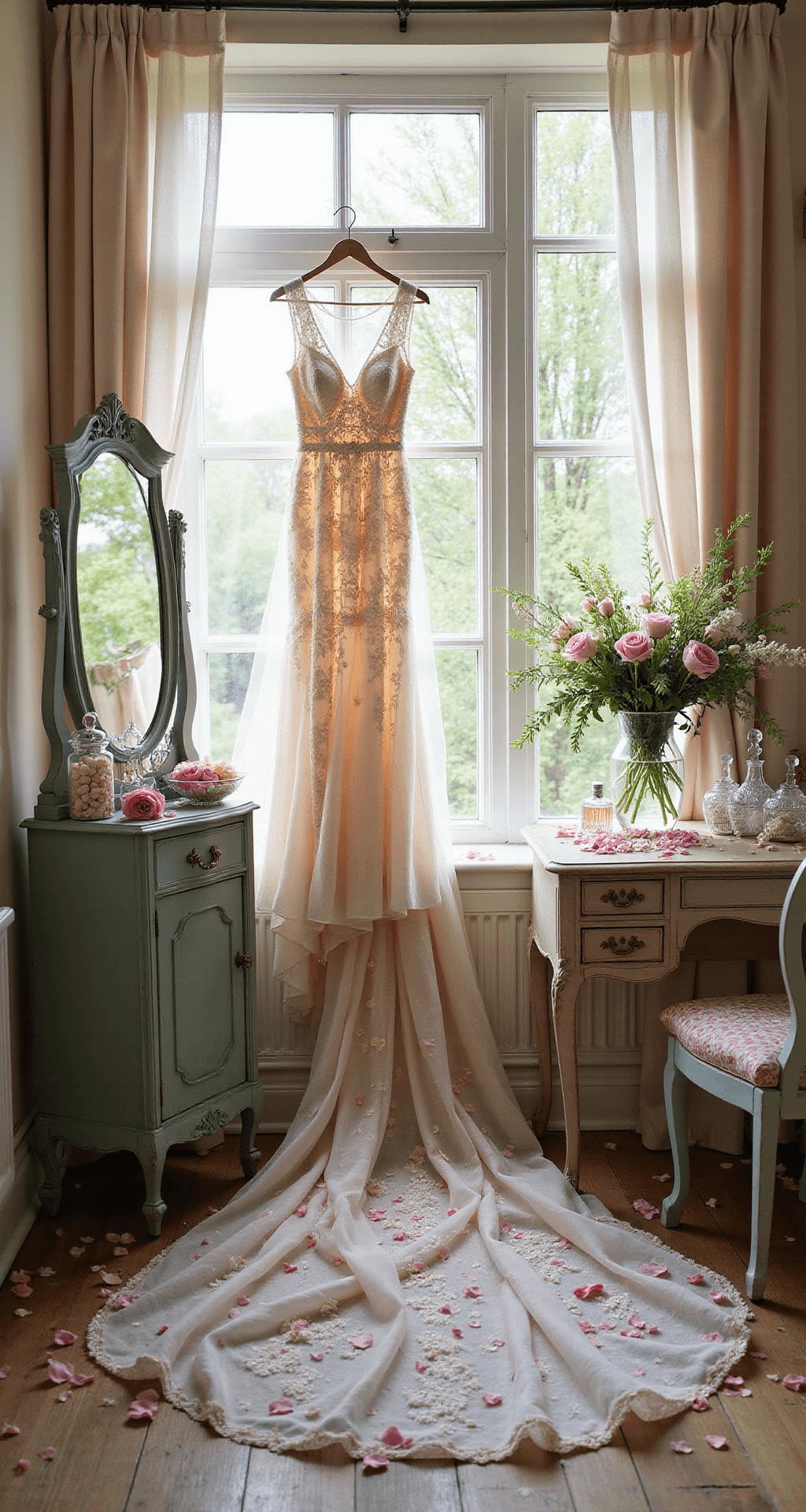 A serene bridal preparation scene in a sunlit countryside cottage, featuring a pastel floral gown by a window, antique dressing tables adorned with vintage mirrors, fresh flowers, scattered rose petals, and delicate accessories.