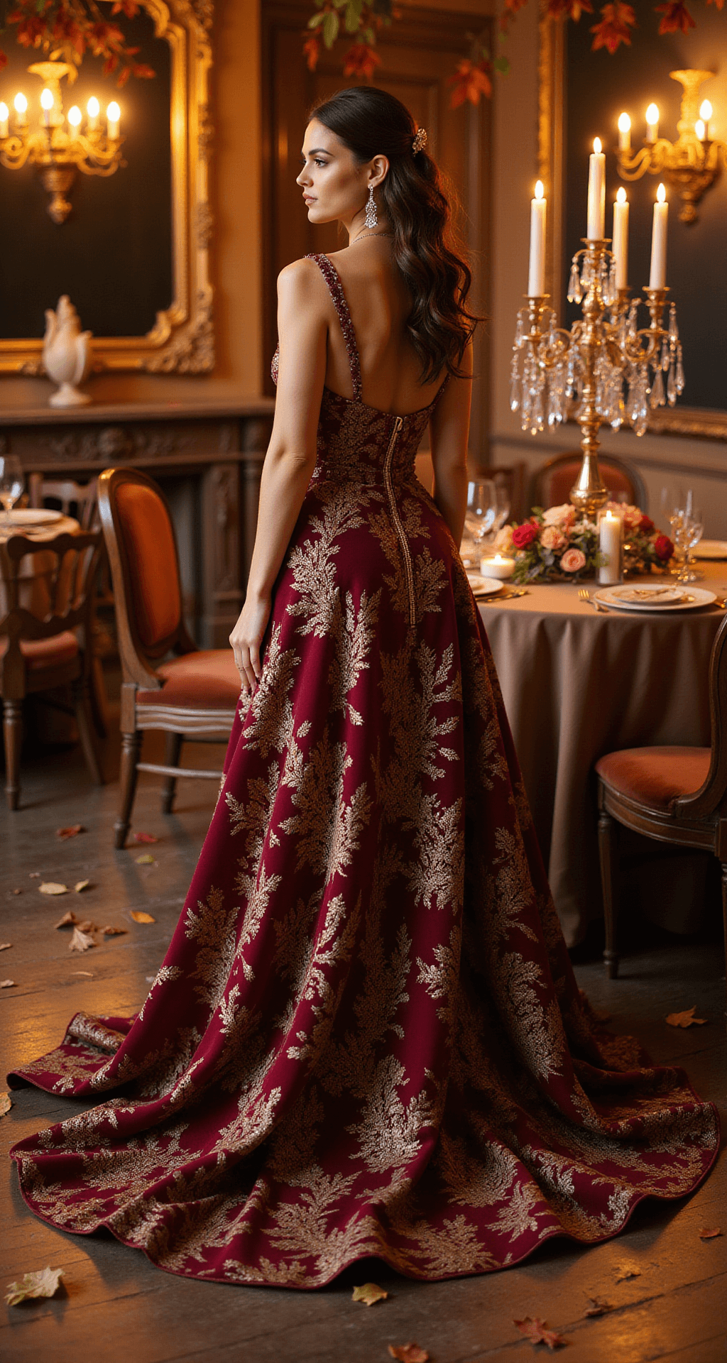 An autumn evening ballroom with a bride in a deep-toned floral embroidered gown, featuring rich burgundy and gold threads under warm candlelight from crystal candelabras, surrounded by mahogany chairs with velvet cushions and tables dressed in champagne linens, with ornate baroque mirrors and falling autumn leaves creating a romantic atmosphere, shot from a dramatic low angle.