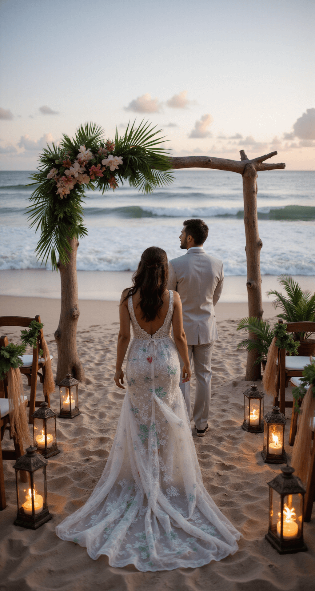 A bride in a lightweight floral print gown moves gracefully on the beach at dusk, with bamboo chairs leading to a driftwood arch adorned with orchids and palm fronds, illuminated by tiki torches and lanterns as waves crash softly in the background.