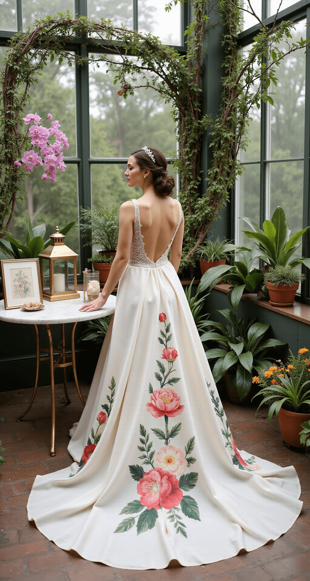 A bride in a delicate hand-painted floral gown stands in a lush conservatory filled with exotic plants, under Victorian glass walls illuminated by afternoon light, surrounded by potted orchids, marble-topped bistro tables, and vintage botanical prints.