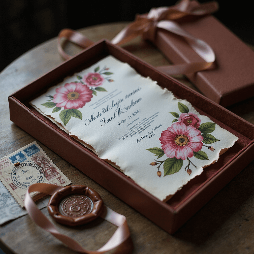 A luxurious tabletop display showcasing boxed invitations in velvet-lined cases, featuring hand-painted floral designs on handmade paper with deckled edges, surrounded by silk ribbons, vintage postage stamps, and a rose gold wax seal, illuminated by moody lighting.
