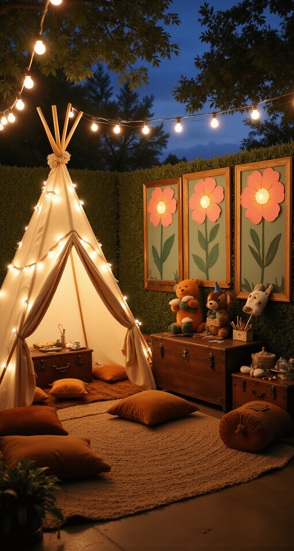 Cinematic wide shot of a cozy activity zone at dusk featuring a tepee-style tent with fairy lights, vintage trunks with safari masks, velvet earth tone floor cushions, string lights, and a backdrop of oversized paper flowers and botanical prints in gold frames.