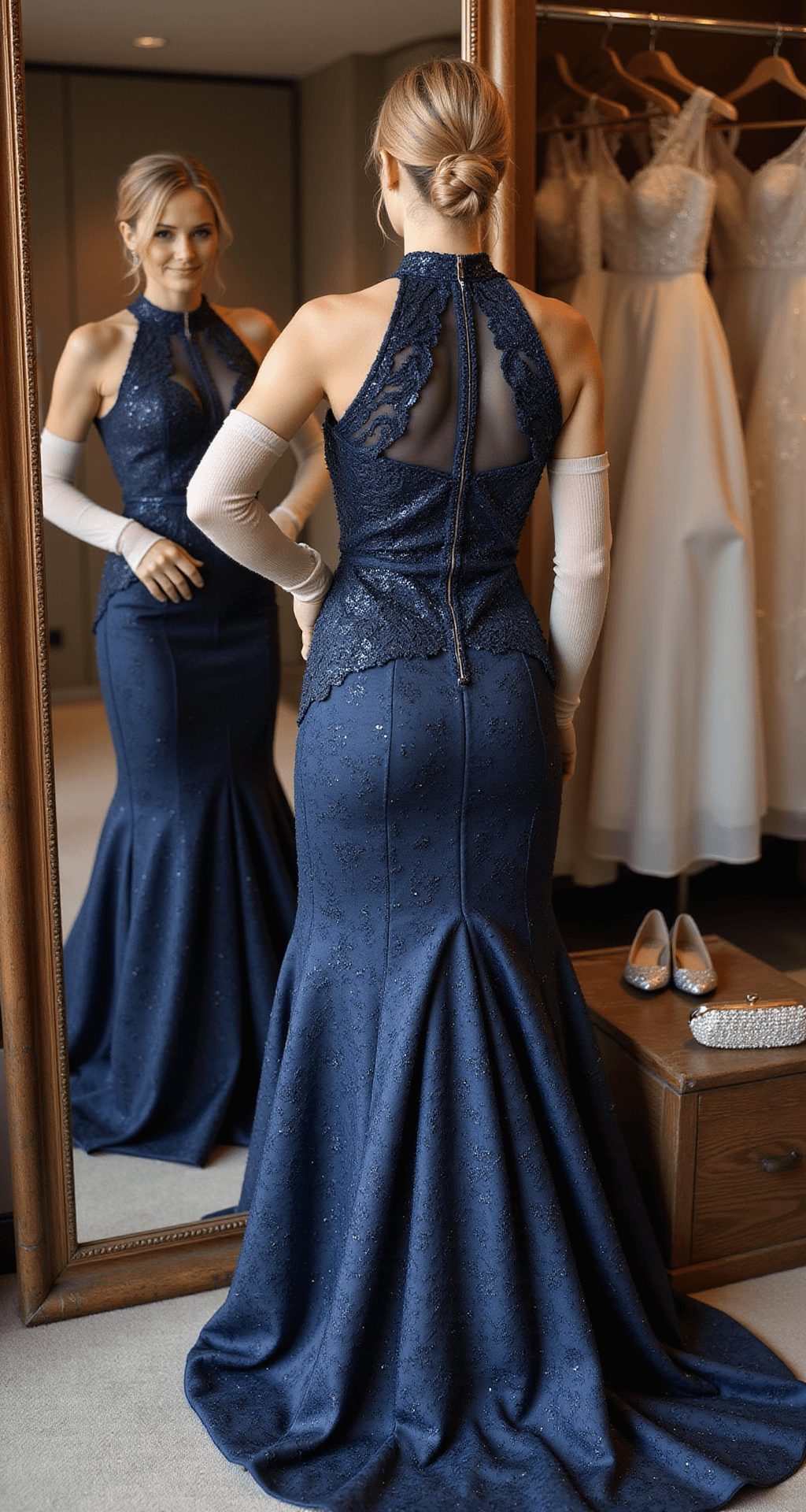 A cozy winter bridal boutique interior features a woman trying on a navy blue high-neck brocade gown with silver threading, viewed from behind to highlight its elegant back detail. The floor-length mirror reflects her thermal nude underlayers at the sleeve cuffs, while a crystal-embellished clutch and silver heels are neatly arranged nearby. Warm spotlighting enhances the rich texture of the gown.