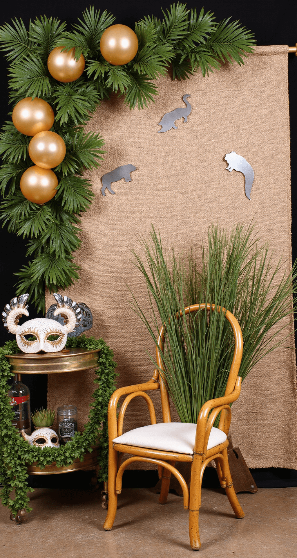 A photo booth setup with a textured grasscloth backdrop, preserved palm fronds, metallic animal silhouettes, a vintage bamboo peacock chair with silk ribbon and pampas grass, dramatic lighting, gold balloon garlands, and a brass bar cart with animal masks and botanical fans.
