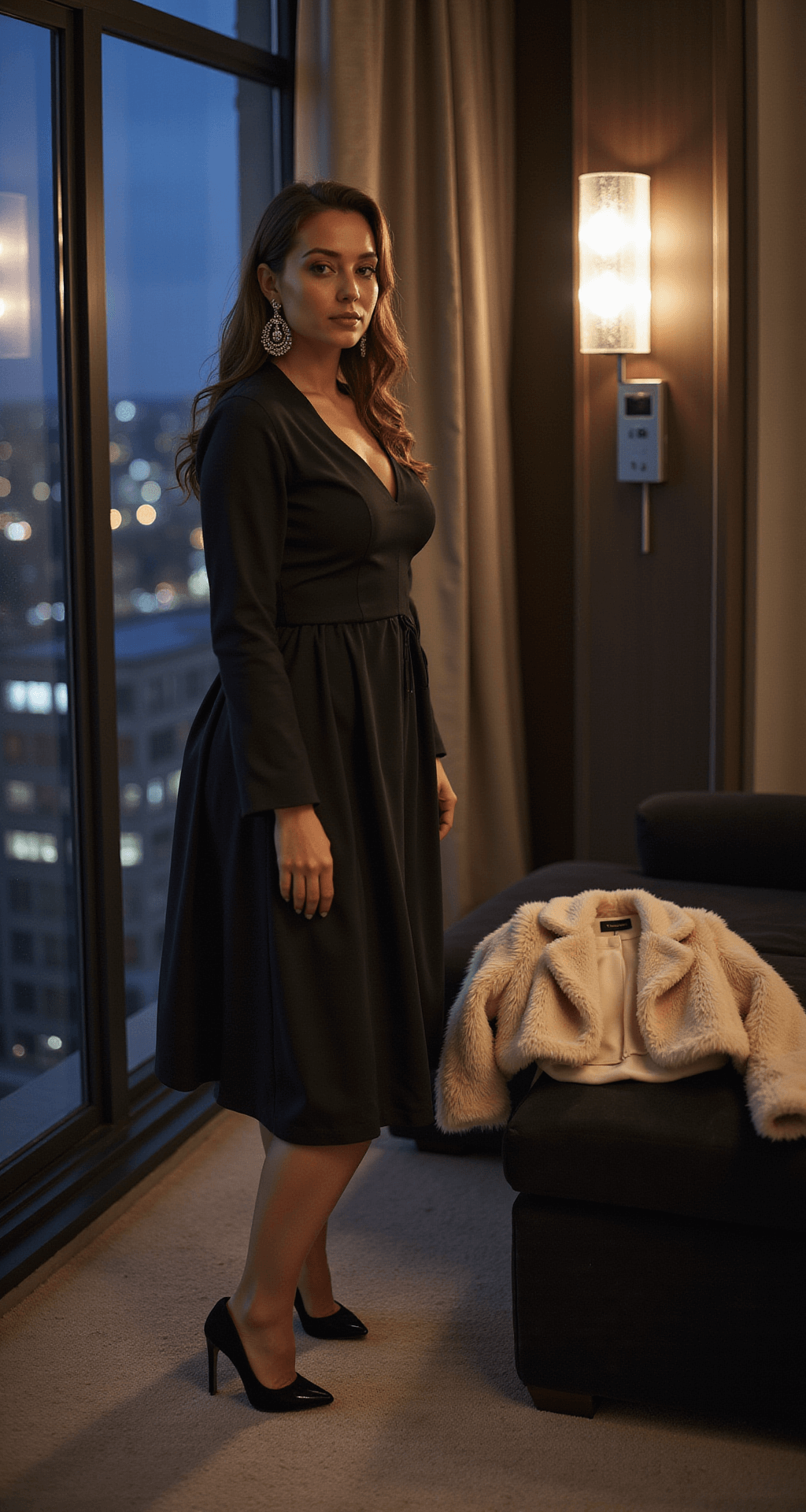 A modern penthouse dressing room at dusk, featuring a model in a black heavy crepe midi dress with long sleeves and subtle ruching. A cream cropped faux fur jacket rests on a velvet ottoman, while statement crystal earrings sparkle in the soft light from contemporary sconces, with city lights twinkling through floor-to-ceiling windows.