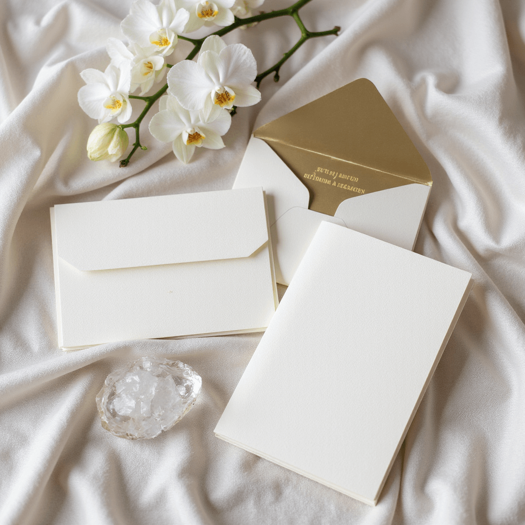 Modern minimalist wedding stationery on silk fabric with orchids and crystal accents in natural daylight.