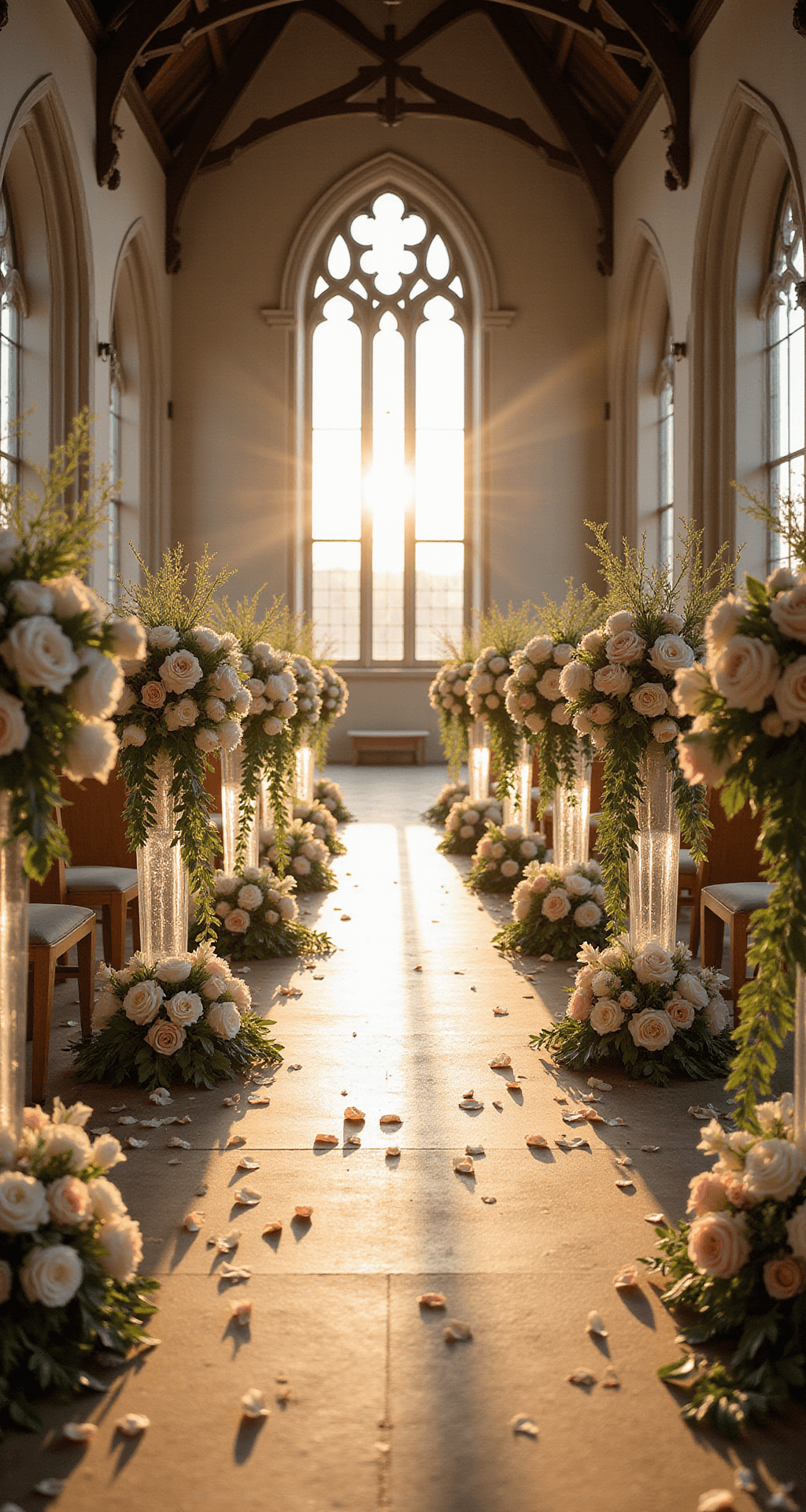 A wide-angle view of a cathedral aisle illuminated by golden hour light, featuring Gothic windows and adorned with cascading floral arrangements of blush peonies and ivory garden roses, crystal-wrapped stands, lush floor decorations, rose petals scattered on the ground, and delicate tulle draping for an ethereal effect.