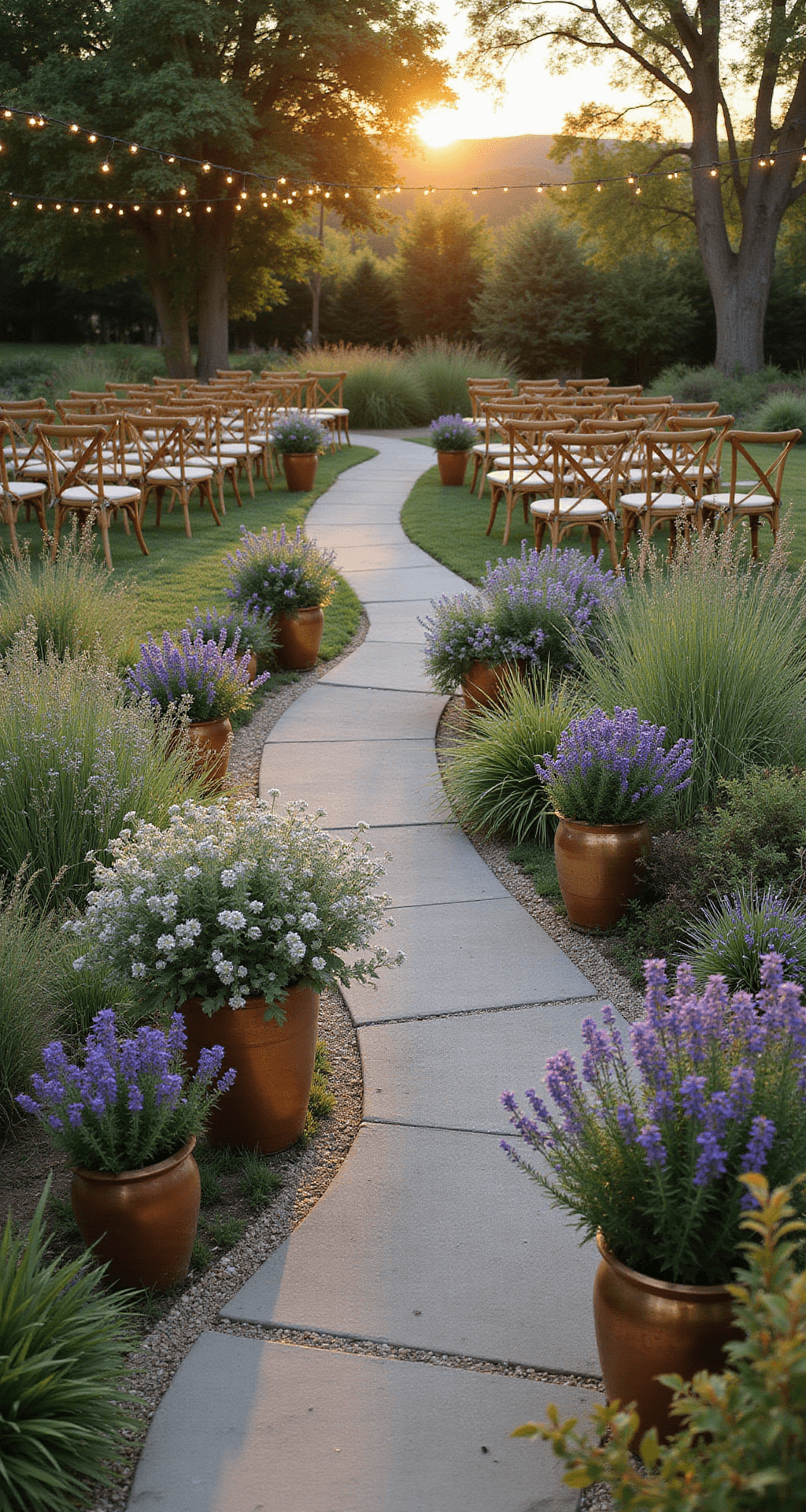 Overhead view of a garden ceremony space at sunset, showcasing a winding aisle with wildflowers in copper vessels, terracotta pots of lavender and chamomile, natural wood cross-back chairs, and market lights overhead.