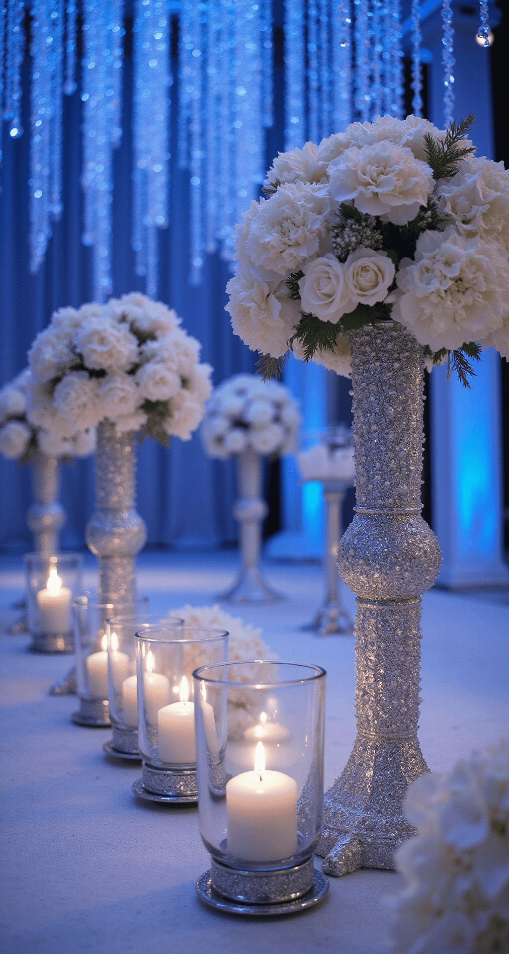 Low-angle view of a luxurious winter aisle featuring crystal-encrusted stands with white hydrangeas, silver brunia, and frosted pine; mercury glass hurricanes with floating candles along the runner; suspended crystal strands overhead, enhanced by cool blue uplighting for an ice palace effect.