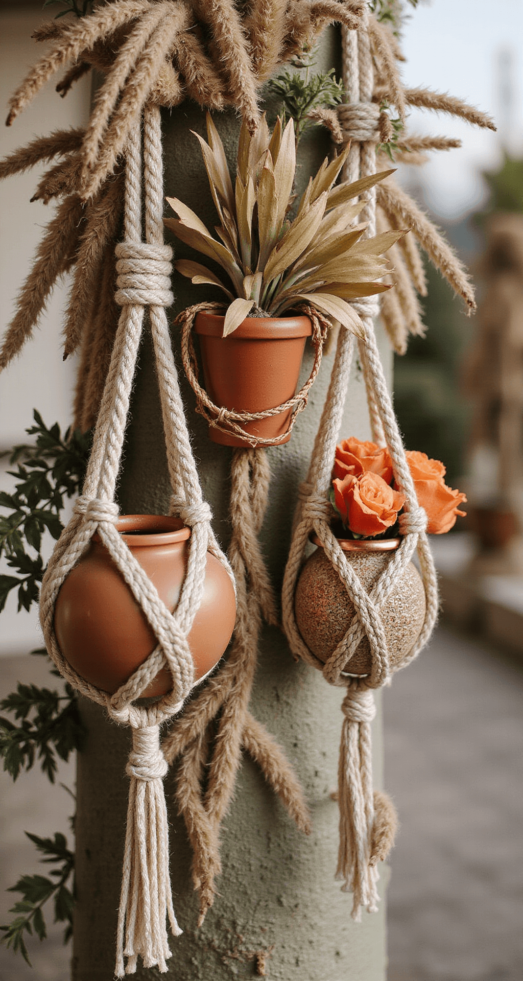 Detail shot of a bohemian aisle arrangement with dried pampas grass, copper-toned protea, and desert roses in macramé hangers, accented by natural sisal rope and terra cotta vessels, with copper highlights reflecting late afternoon light, captured at a 45-degree angle.