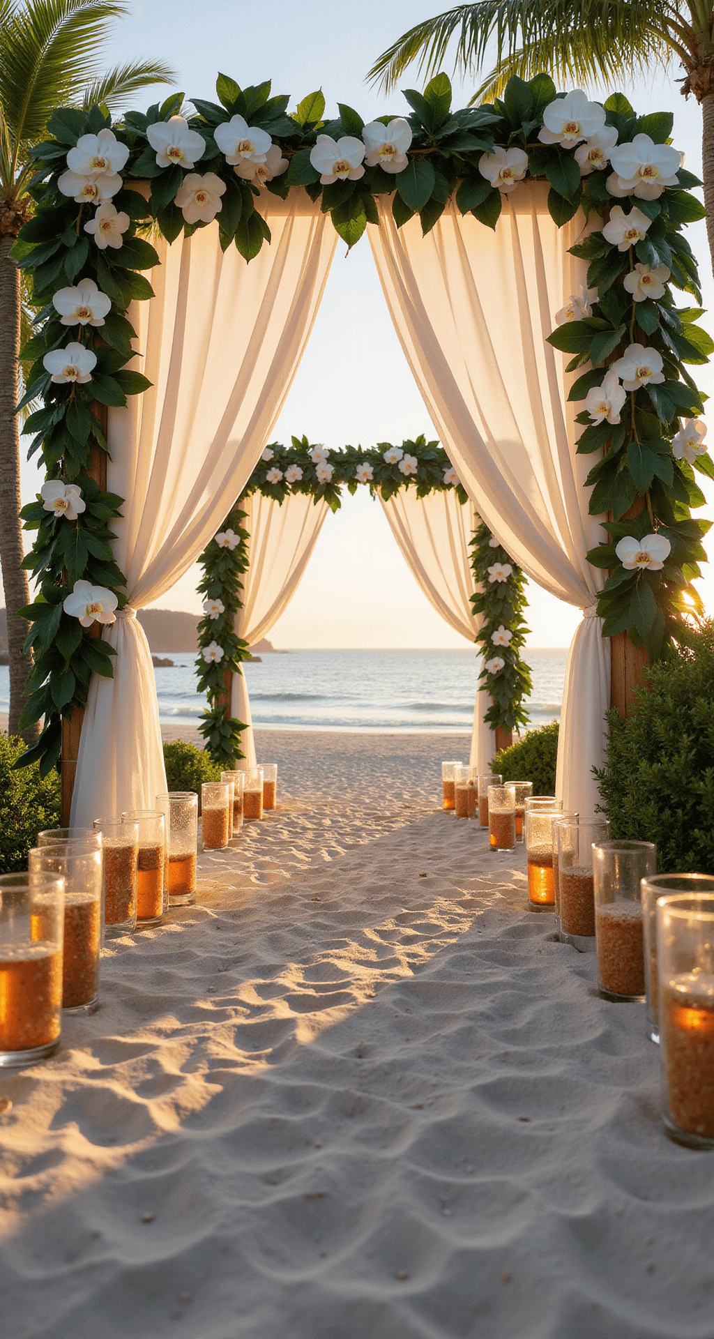 A serene beachfront setting featuring a bamboo-lined aisle adorned with white dendrobium orchids and monstera leaves forming archways, with clear glass cylinders filled with sand and floating plumeria flowers lining the sandy path, all illuminated by the warm glow of magic hour. Sheer white fabric panels gently sway in the ocean breeze.