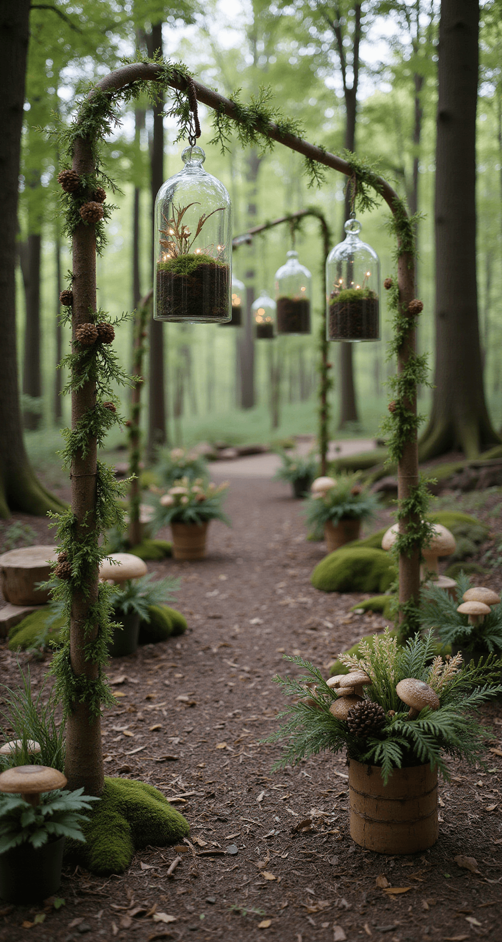 A dramatic woodland ceremony aisle featuring towering shepherd's hooks with glass terrariums, surrounded by forest floor arrangements of foraged mushrooms, pine cones, and native flowers, all illuminated by dappled sunlight filtering through the tree canopy.