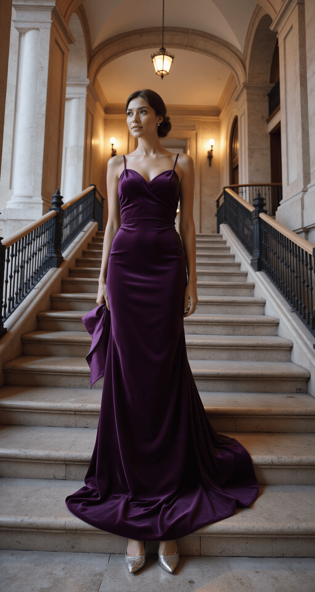 A woman in a deep purple velvet gown gracefully descends a grand marble staircase in a luxurious hotel lobby, featuring elegant archways and columns. Her metallic silver pumps are visible with each step, and a silk wrap is draped across her arms. Soft overhead lighting casts dramatic shadows in the wide-angle architectural shot.