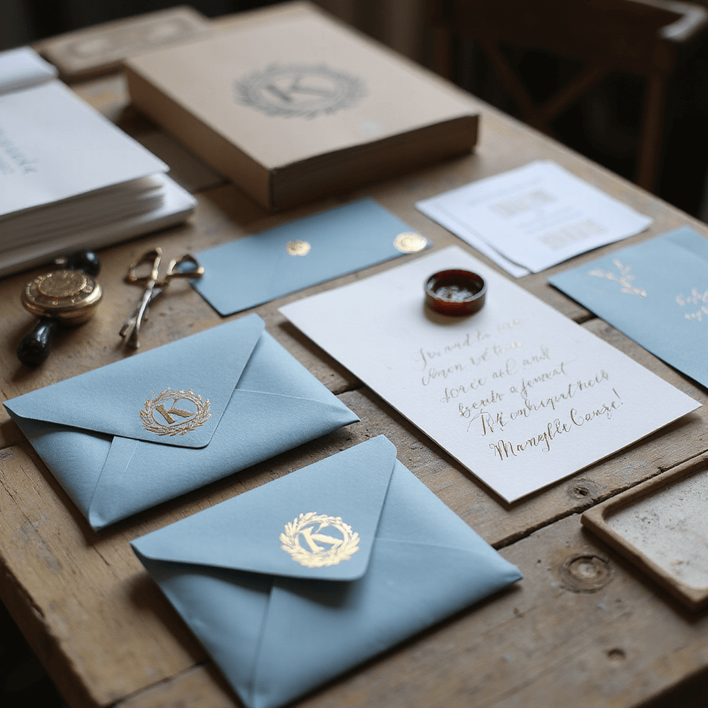A cozy, artisanal workspace with custom monogrammed invitations in progress, featuring hand-calligraphed dusty blue envelopes, gold foil stamps, luxury paper layers, sealing wax, vintage scissors, and calligraphy pens in morning light.