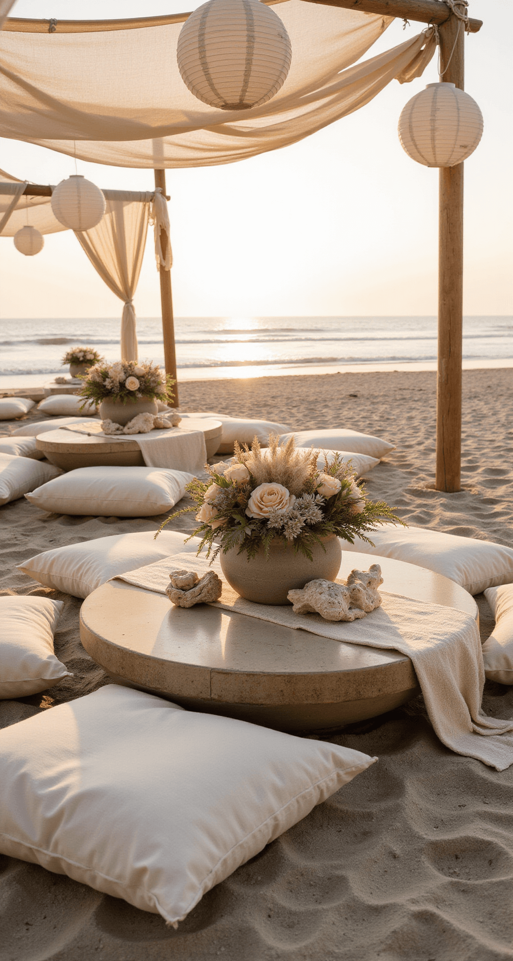 A beachfront celebration at golden hour with low cocktail tables dressed in natural linen, cream floor cushions, and neutral florals in weathered ceramic vessels, featuring elements like bleached coral and sea grass, framed by sheer fabric cabanas and swaying paper lanterns, captured from beach level showcasing textures against the sand and sea.