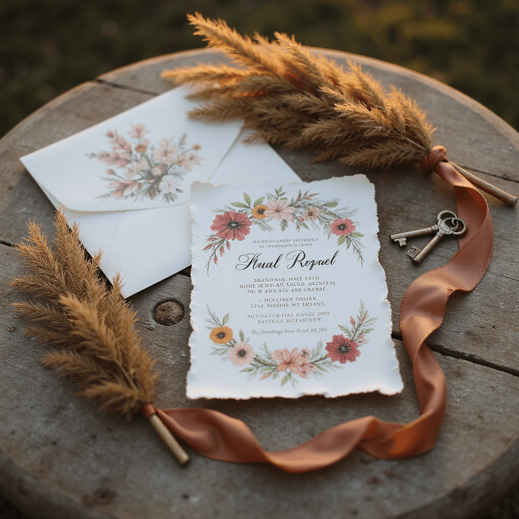 Bohemian luxury invitations on weathered wood featuring torn-edge handmade paper, pressed flowers, copper foil, dried pampas grass, vintage keys, and earth-toned silk ribbons with golden hour backlighting.