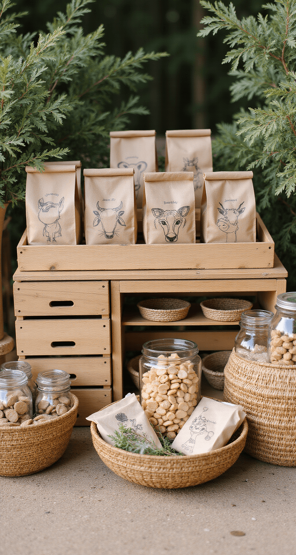 Safari-themed favor station with wooden crates, woven baskets, and kraft-wrapped gifts with gold accents; custom animal illustrations on kraft bags; glass jars with animal crackers, rattan details, and fresh greenery in soft afternoon light.