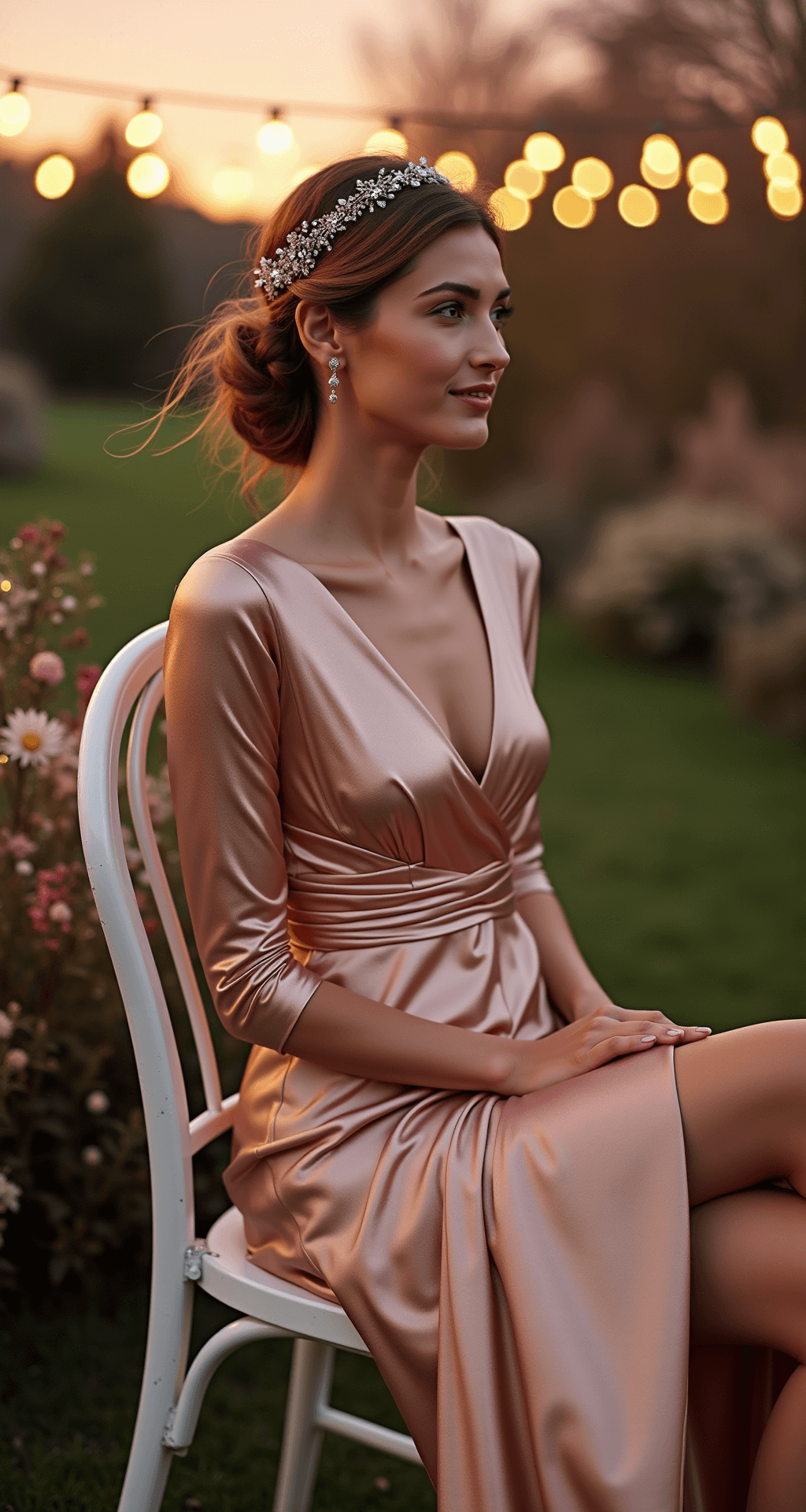 A model in a long-sleeve rose gold metallic wrap dress sits gracefully on an elegant white chair in an intimate garden wedding venue at sunset, with string lights overhead and trailing winter florals around. Nude thermal tights are visible, and a crystal-embellished hairpiece reflects the warm glow of the magic hour.