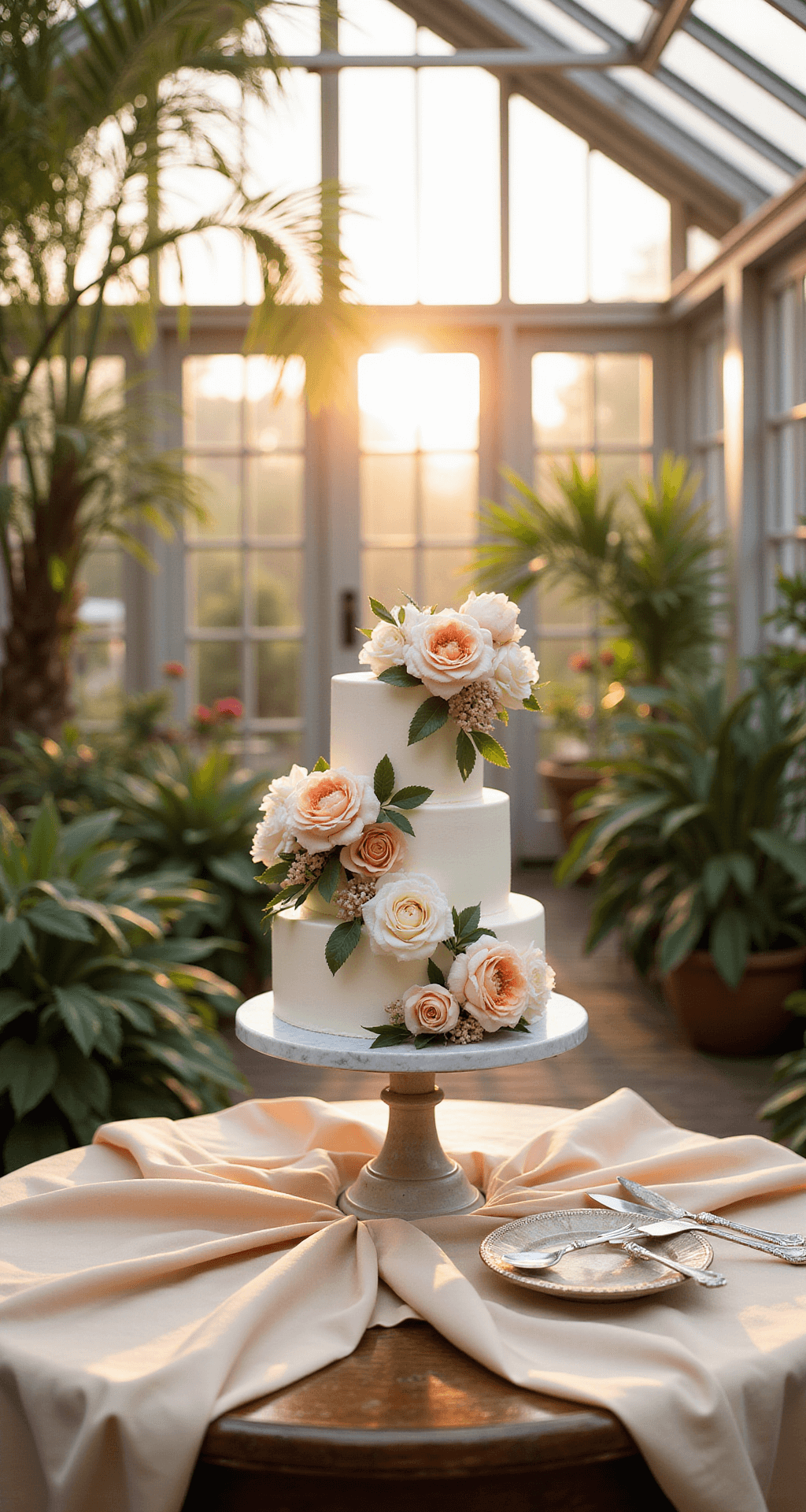 A golden-hour shot of an elegant three-tiered wedding cake with cascading garden roses and peonies in a light-filled conservatory, featuring a marble stand on an antique wooden table with silk champagne linens, surrounded by tropical plants and soft natural light.