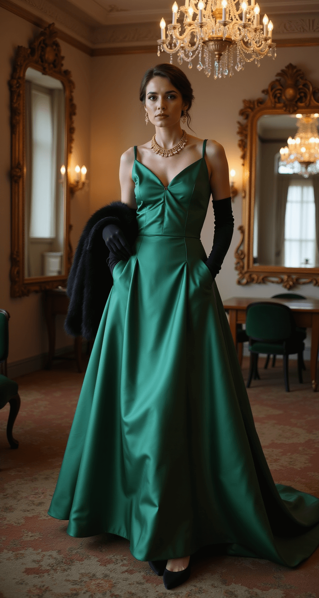A woman in an emerald green satin ball gown with long black evening gloves stands in a vintage-inspired ballroom featuring ornate mirrors and crystal chandeliers, showcasing art deco gold jewelry and closed-toe velvet pumps, with a black fur stole draped nearby, all illuminated by dramatic side lighting.