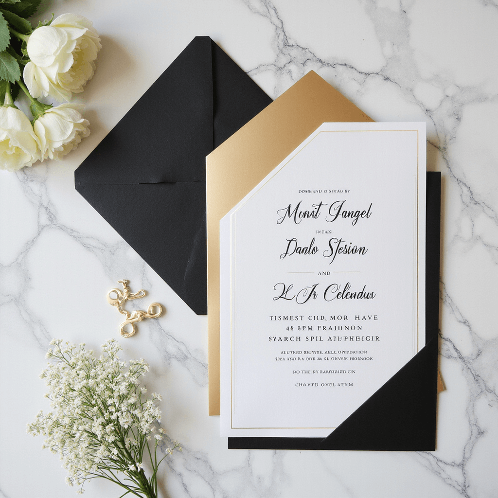 Geometric wedding invitations with mirror acrylic and metallic cardstock on marble, styled with black and gold details, white flowers, and modern props.