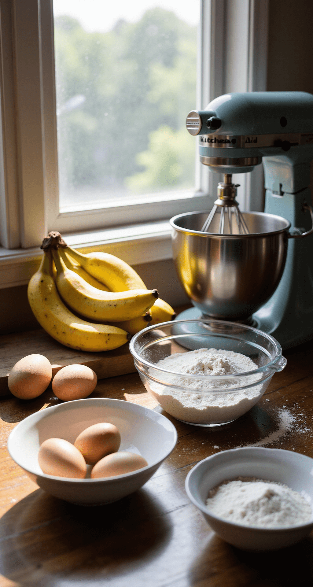 Sunlit kitchen countertop featuring organized baking ingredients: vibrant yellow bananas, farm-fresh eggs, a bottle of crystalline maple syrup, and measured flour in vintage ceramic bowls, with a KitchenAid mixer and sunlight streaming through the window highlighting floating flour particles.