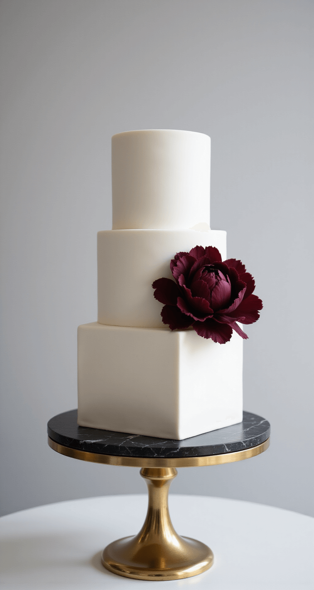 Overhead view of a four-tiered square white fondant cake on a black marble pedestal, adorned with a deep burgundy sugar peony, set against a contemporary gallery backdrop with indirect lighting.