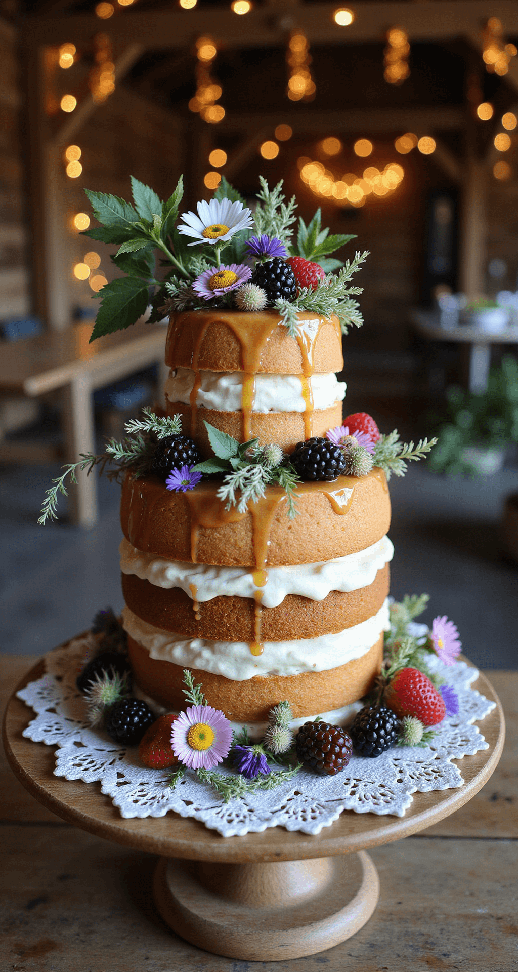 A rustic naked cake with three tiers, adorned with fresh wildflowers and berries, displayed on a wooden cake stand atop a vintage lace doily, set in a barn with twinkling fairy lights in warm evening light.