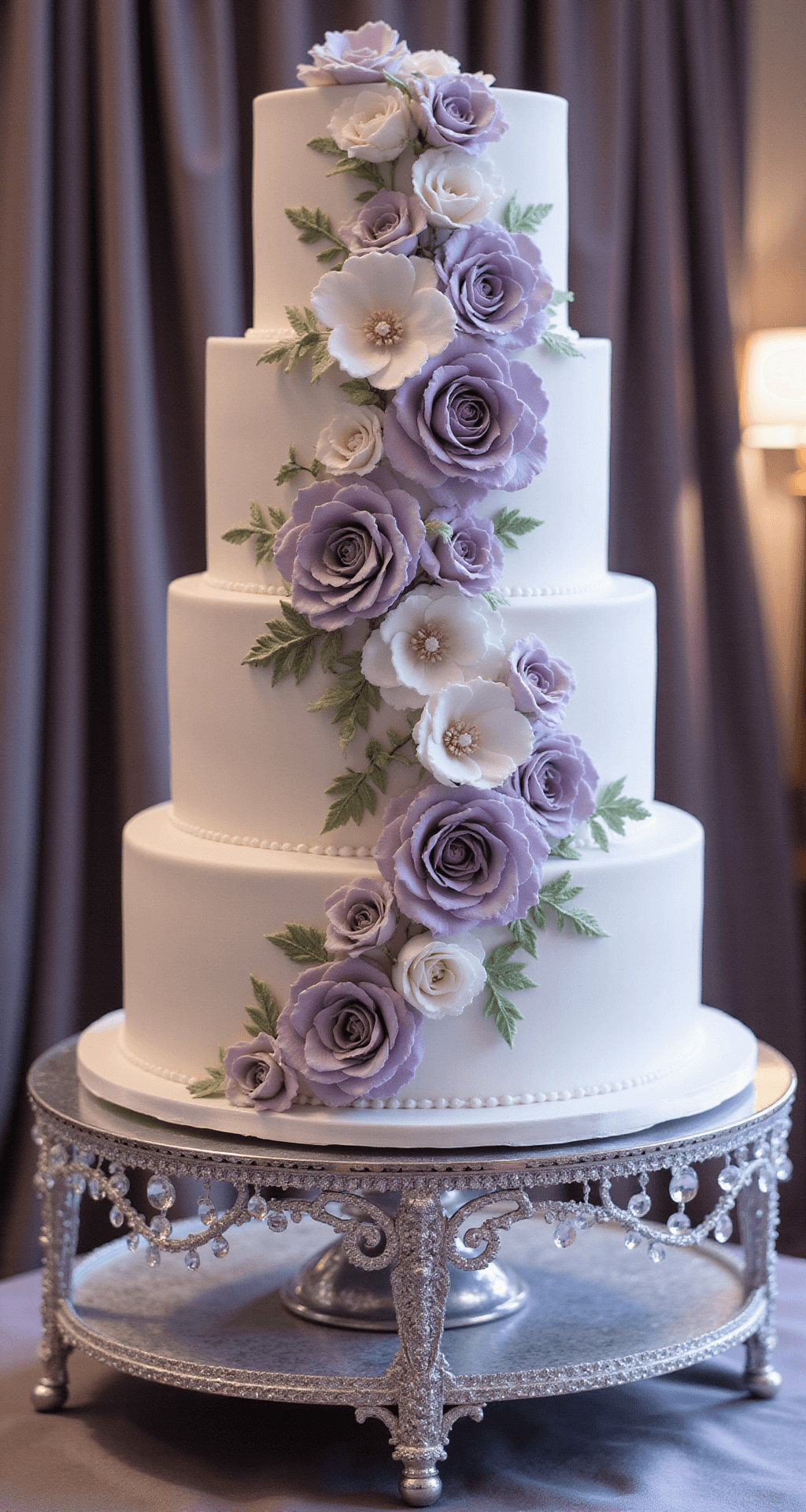 Dramatic wide shot of a six-tier wedding cake with a pearlescent white fondant finish, cascading sugar flowers in silvery lavender and white, on a crystal-encrusted stand in a lavish ballroom with soft uplighting and a silk backdrop.