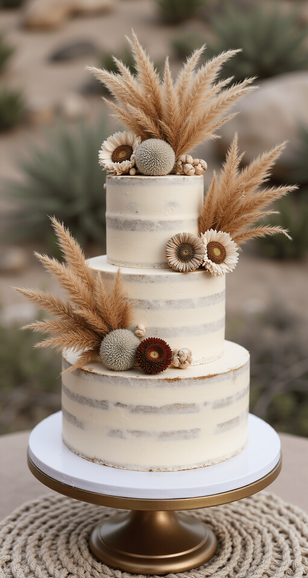 Boho-inspired wedding cake with three tiers of textured ivory buttercream adorned with dried flowers and pampas grass, set on a matte gold stand against a macramé table runner in a desert venue, illuminated by natural light.