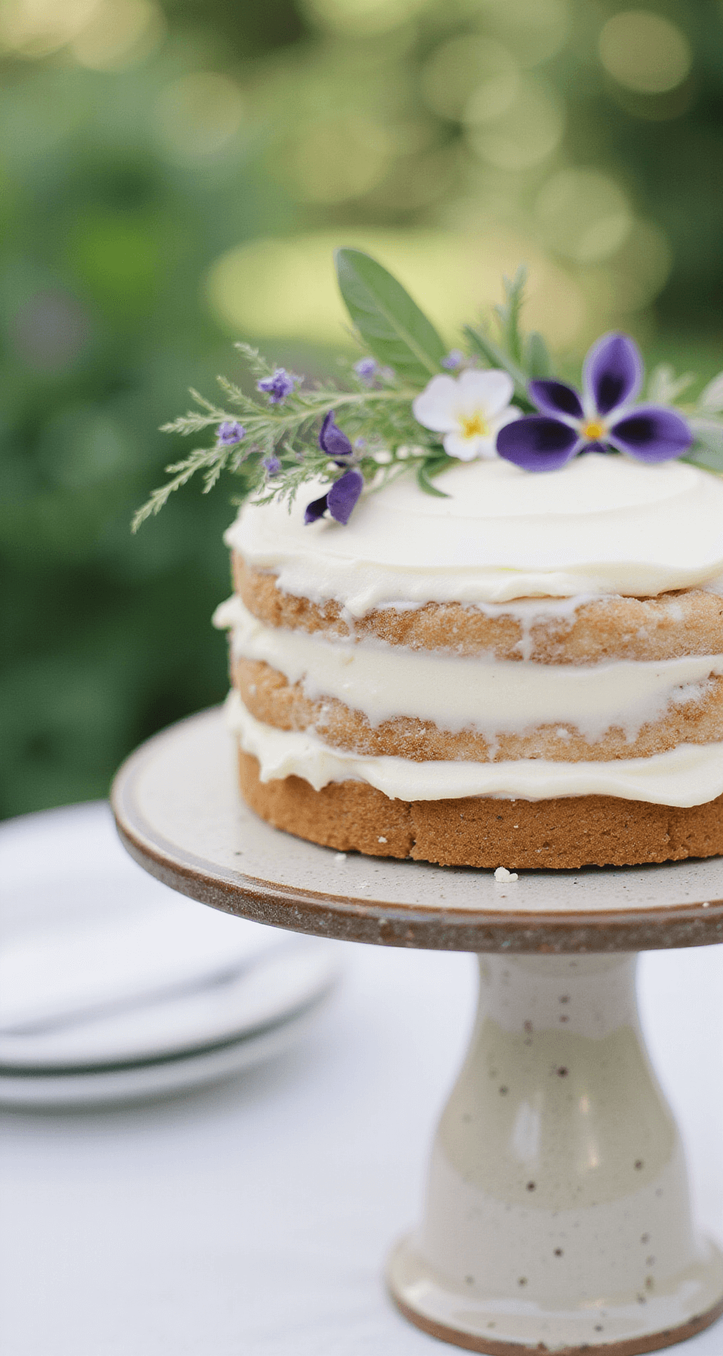 Close-up of an artisanal semi-naked wedding cake adorned with pressed edible flowers, featuring smooth buttercream layers and delicate violets, cornflowers, and herb leaves, displayed on a handmade ceramic cake stand in soft morning light, with a blurred garden reception setting in the background.