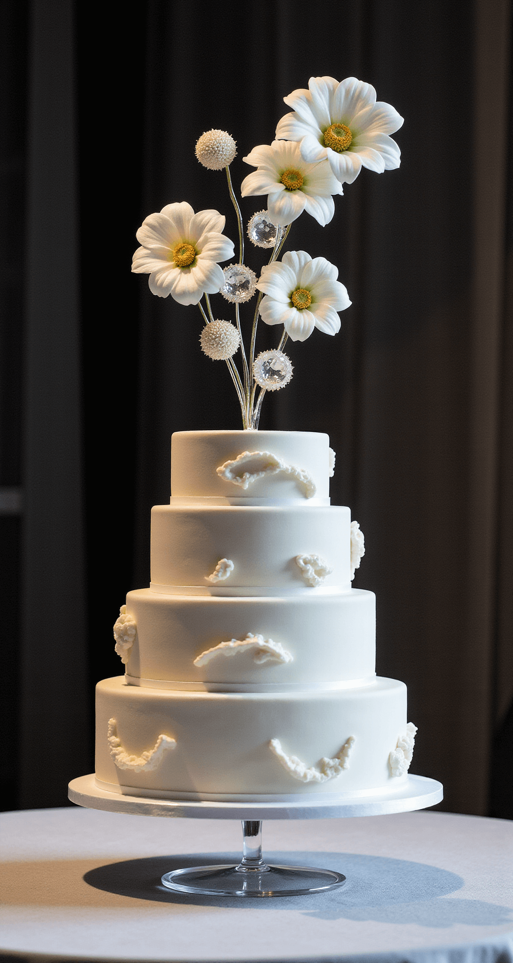 Editorial image of a contemporary four-tier white wedding cake with geometric edges, featuring a dramatic floating arrangement of sugar flowers and crystal elements, presented on a lucite pedestal atop a reflective surface in a modern venue with dynamic spot lighting.