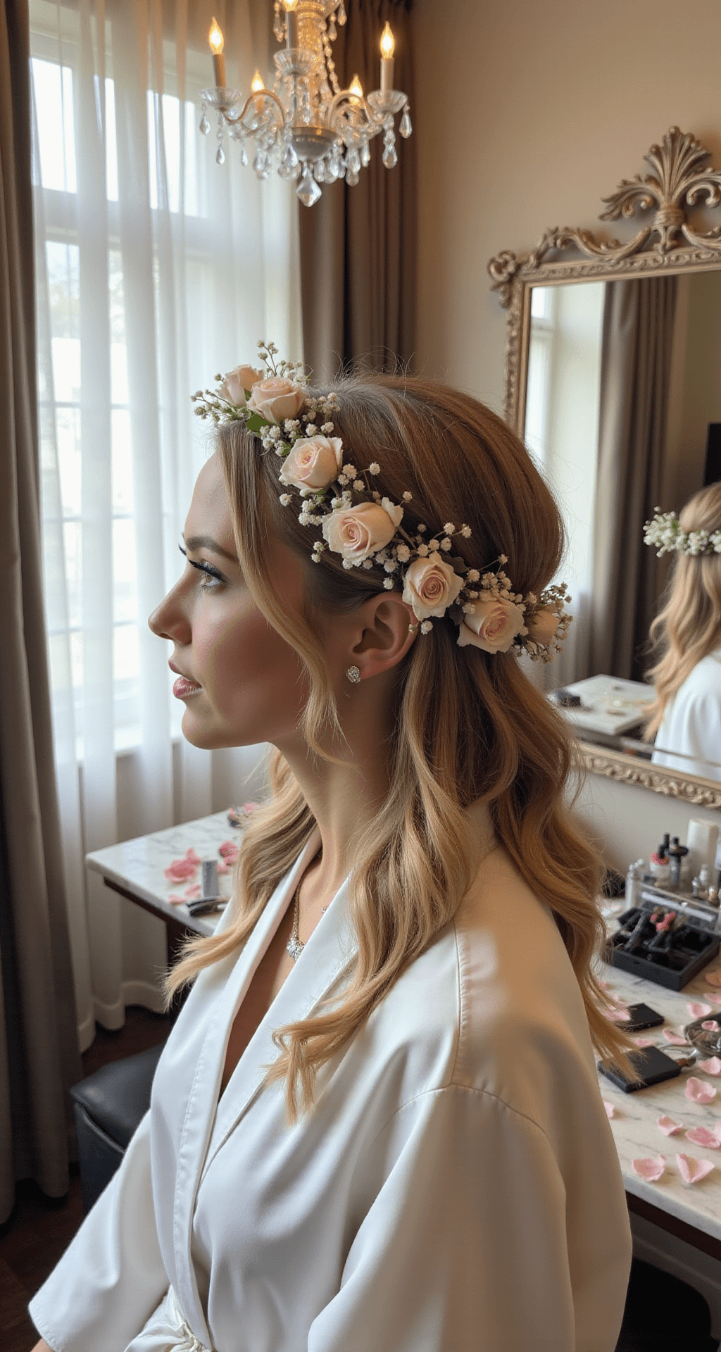 A bride in an elegant hotel suite, wearing a silk robe and an intricate flower crown of blush roses and white baby's breath, is illuminated by natural light streaming through sheer curtains. Pearl earrings sparkle as she prepares for her wedding, with a crystal chandelier and ornate mirror softly blurred in the background, while styling tools and scattered rose petals adorn the marble vanity.
