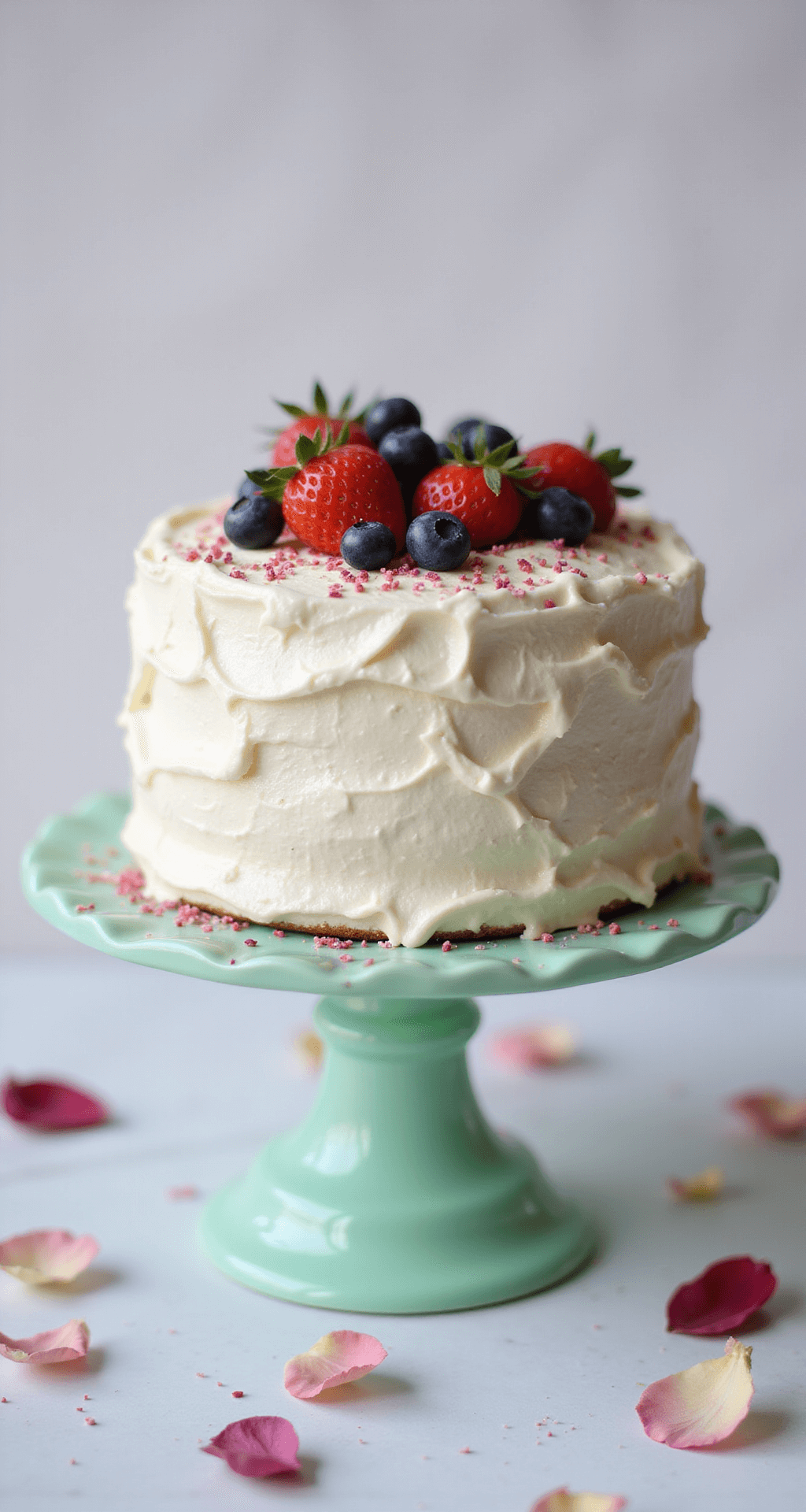 Close-up of a textured 6-inch round cake with creamy white yogurt frosting, topped with fresh strawberries and blueberries, on a vintage mint-green cake stand, surrounded by soft bokeh lighting and rose petals.