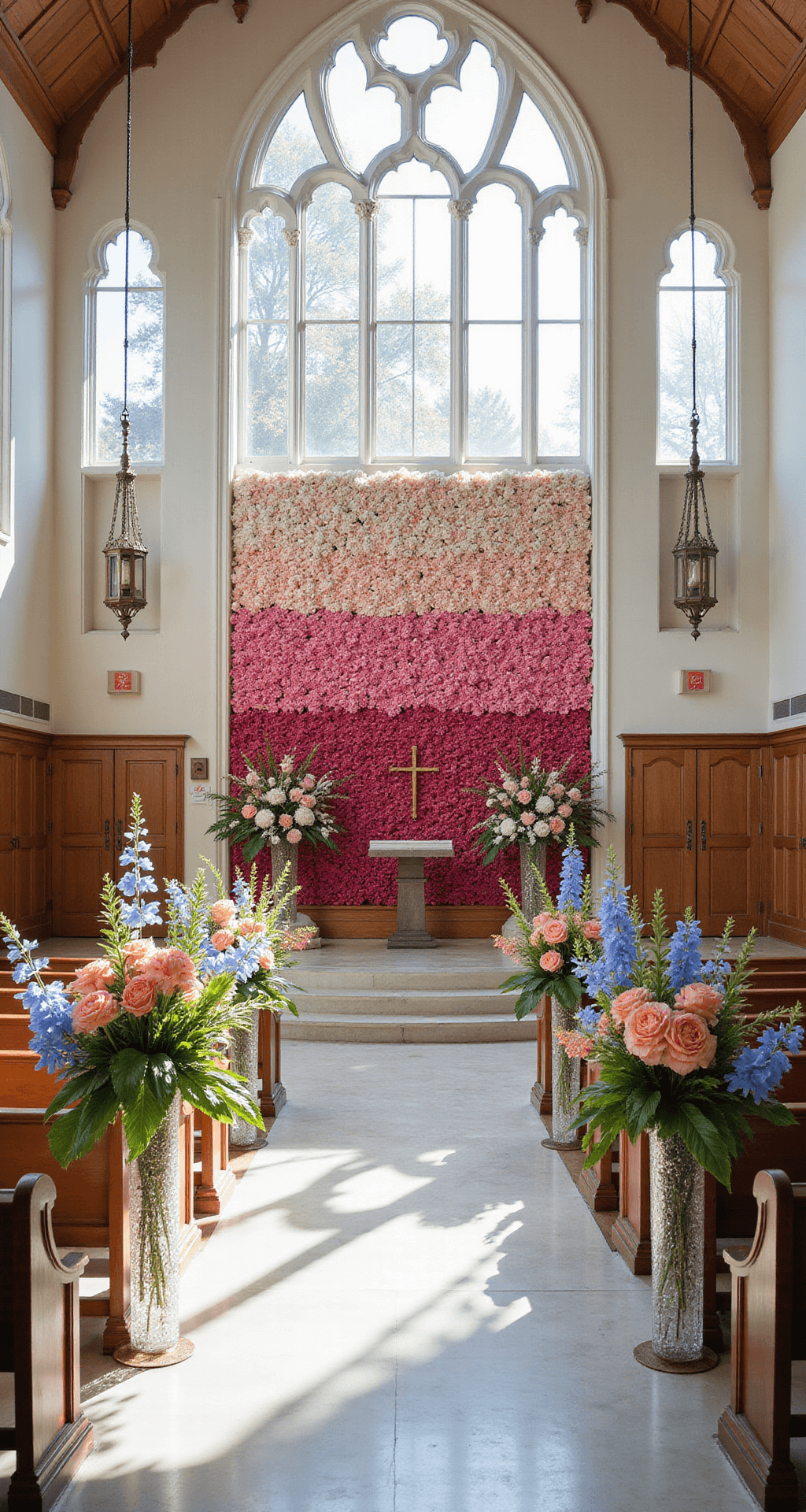 A bright church sanctuary with mid-morning light, featuring a dramatic overhead view of the center aisle adorned with summer floral arrangements of coral peonies, blue delphiniums, and monstera leaves in crystal vases. A vibrant flower wall in ombré shades from fuchsia to blush serves as the altar backdrop, with white marble floors reflecting the colorful decor.