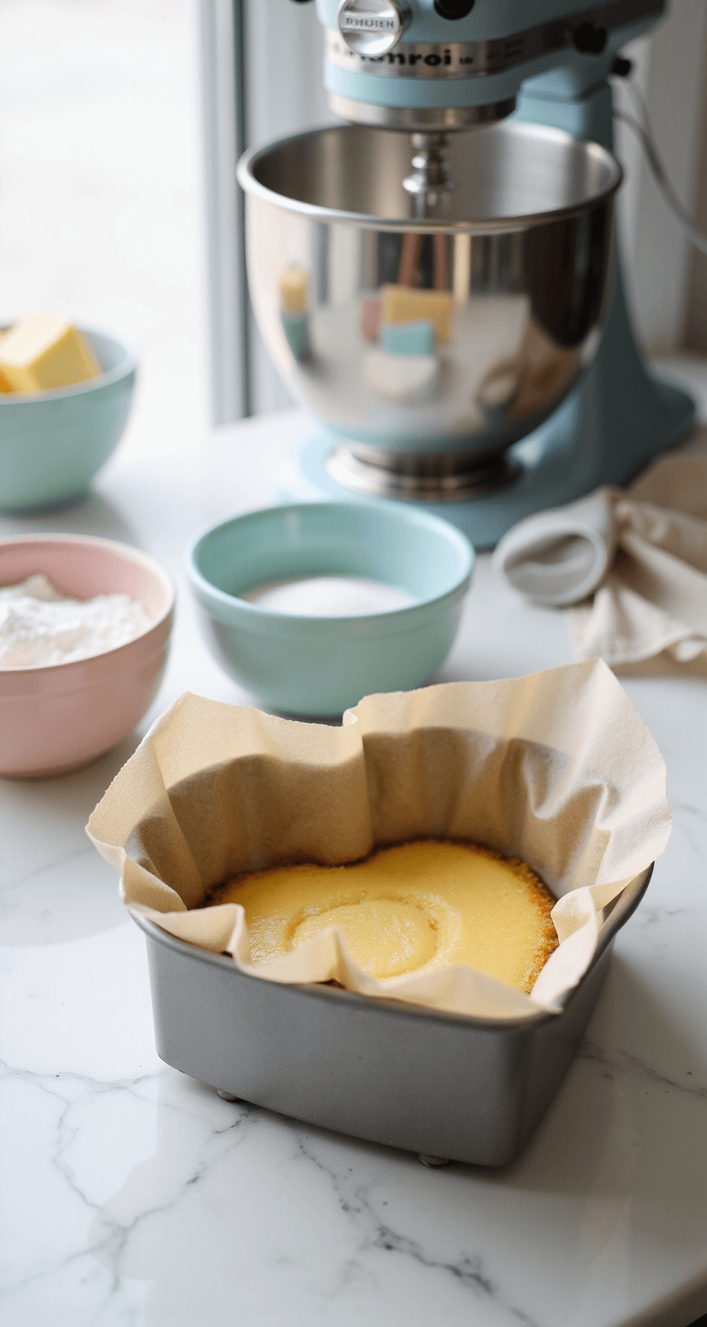 Close-up of a heart-shaped cake pan lined with parchment paper on a white marble countertop, featuring pastel mixing bowls with measured ingredients and a professional stand mixer in soft natural light.