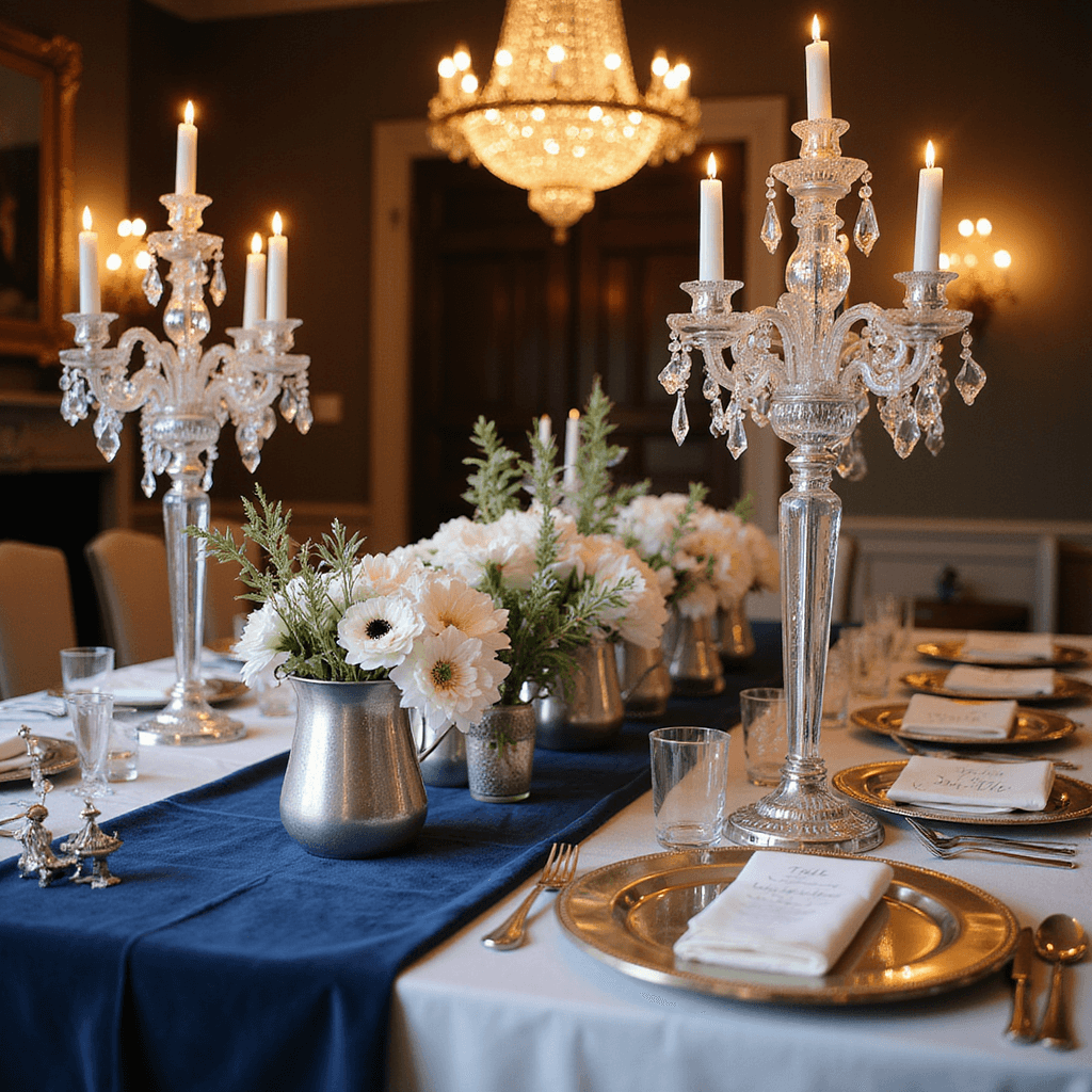 Winter wedding tablescape with midnight blue velvet runner, crystal candelabras, white flowers, and mirror chargers in a historic ballroom.