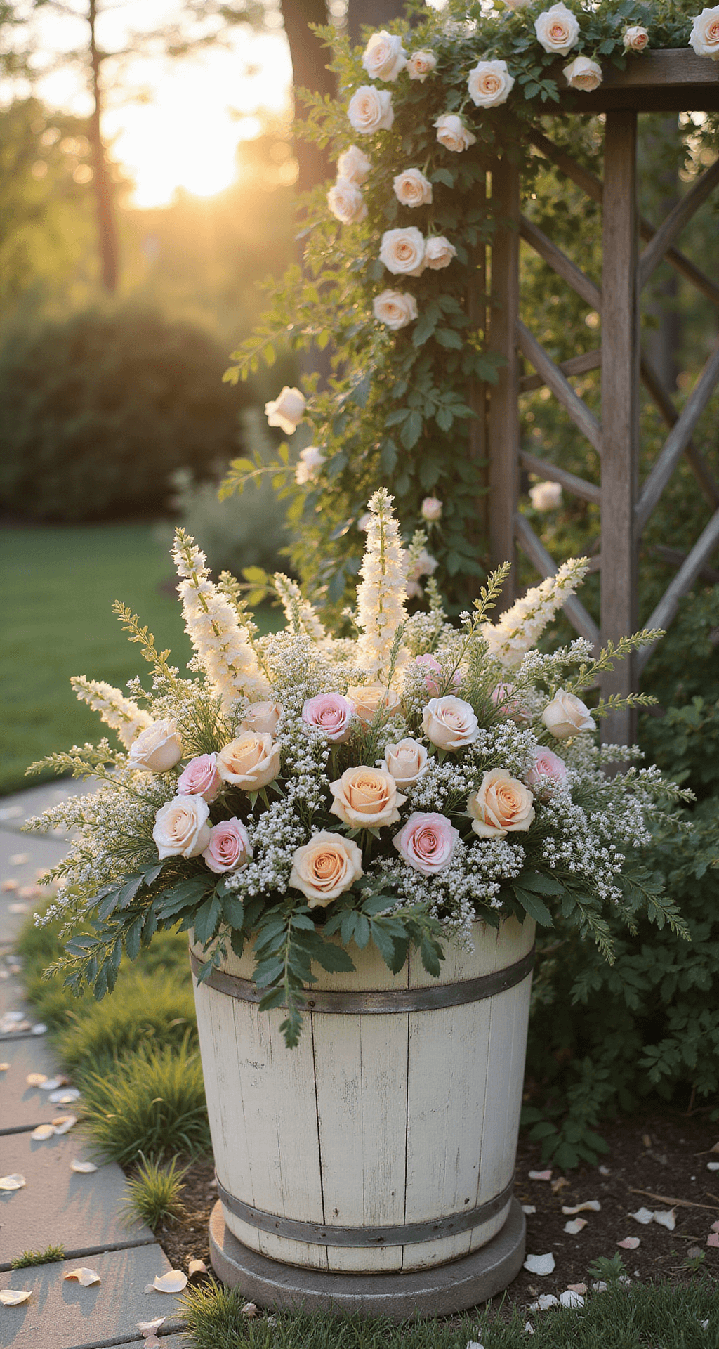 A rustic wedding ceremony setup in a sunlit garden featuring a weathered cream bucket overflowing with wildflowers and greenery on a vintage barrel, surrounded by climbing roses and rose petals along a stone pathway, captured in golden hour light.