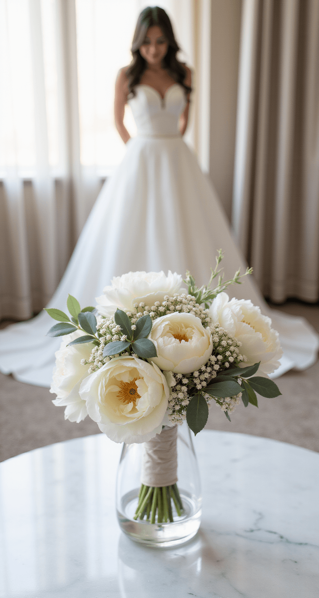 An elegant bridal preparation scene featuring a hand-tied bouquet of white peonies, ranunculus, and silver dollar eucalyptus in a crystal vase, softly illuminated by morning light filtering through sheer curtains, with the bride's lace gown in the background and a marble vanity surface reflecting the bouquet's intricate ribbon work and pearl pins.
