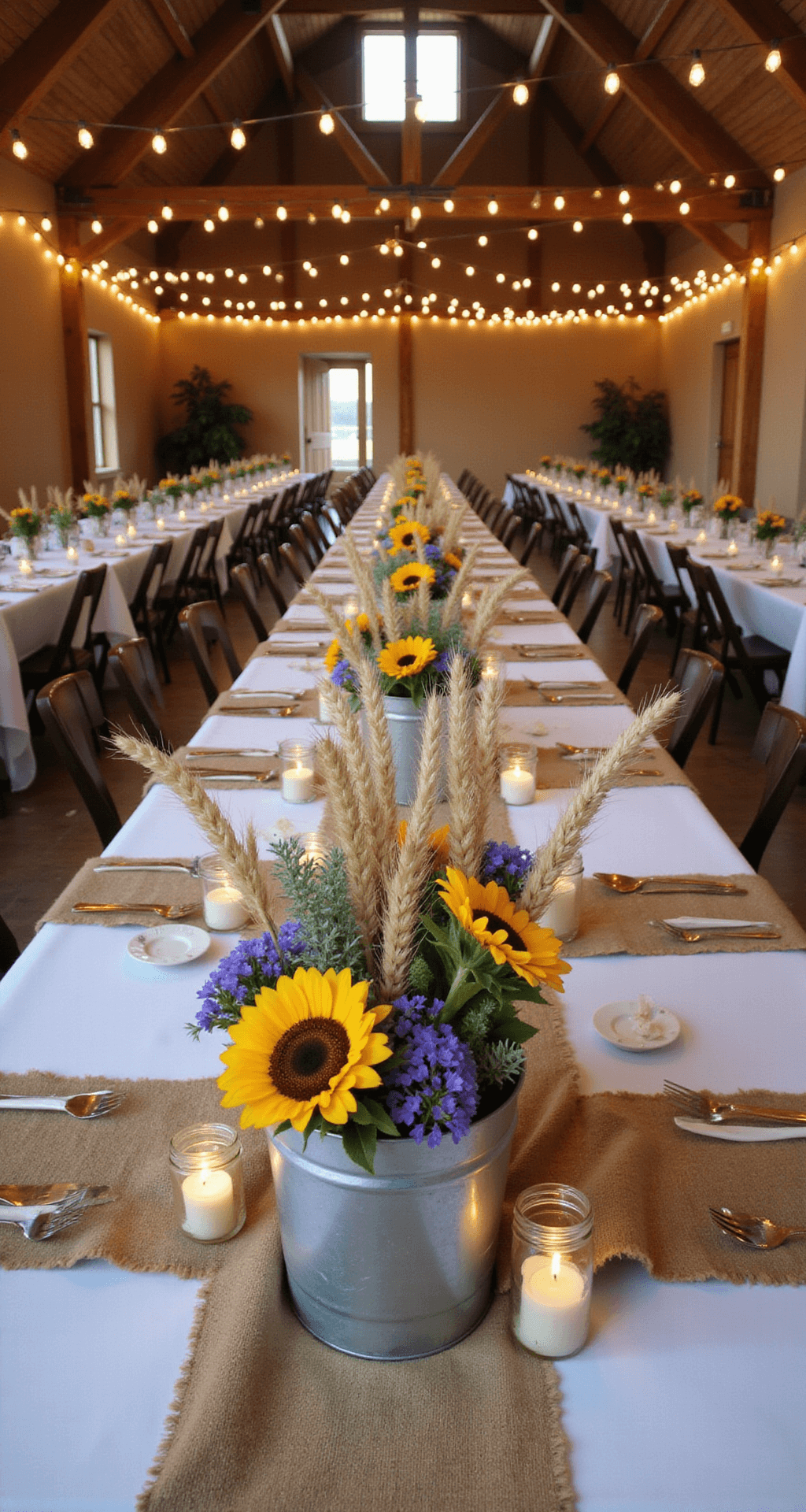 Overhead view of a rustic barn wedding reception with long farmhouse tables, burlap runners, and galvanized metal bucket centerpieces filled with sunflowers, wheat stalks, and purple wildflowers, illuminated by mason jar candles and string lights. Natural wood textures and high barn beams are visible.