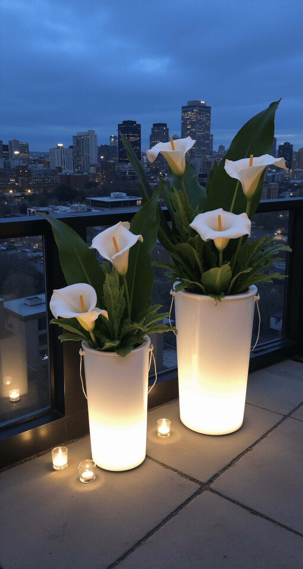 A modern rooftop venue at twilight features minimalist white ceramic vases with architectural calla lilies and monstera leaves. The city skyline serves as a backdrop, with strategic lighting accentuating metallic elements and geometric designs, while glass votives and LED strips cast dramatic shadows.