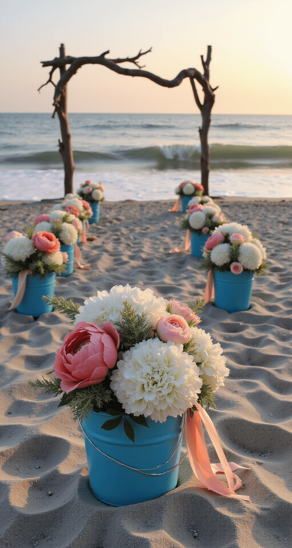 A picturesque beach wedding setup at sunset, featuring weathered blue buckets filled with white hydrangeas, coral charm peonies, and sea holly lining an aisle of soft sand, leading to a rustic driftwood arch. Flowing ribbons catch the ocean breeze, enhancing the romantic atmosphere.